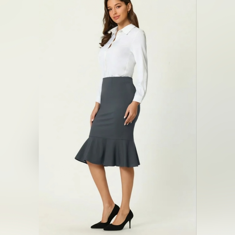 Kate Kasin Gray Ruffled Midi Strech Skirt  Sz L #1716